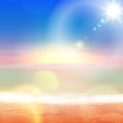 Beach and tropical sea with bright sun.