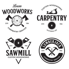 Fototapeta premium Woodwork badges. Set of carpentry, woodworkers, lumberjack, sawmill service monochrome vector labels, emblems and logos.