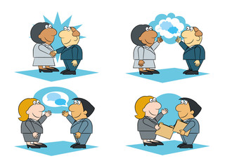 Business people communicating by shaking hands, thinking, talking and exchanging information