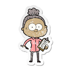 distressed sticker of a cartoon happy old woman