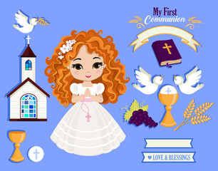 Set of design elements for First Communion for girls. Vector illustration for religious holidays.