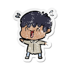 distressed sticker of a cartoon laughing boy