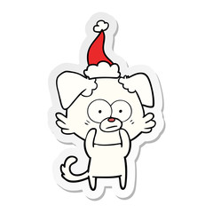 nervous dog sticker cartoon of a wearing santa hat