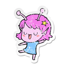 distressed sticker of a happy alien girl cartoon