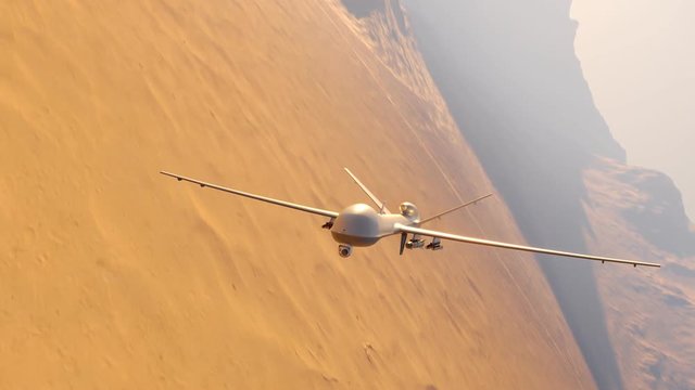 Armed military drone (UAV) flying smoothly over a vast desert shooting missiles.