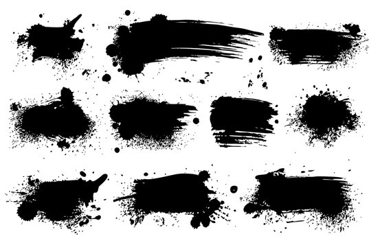 Ink splashes. Black inked splatter dirt stain splattered spray splash with drops blots isolated vector grunge set