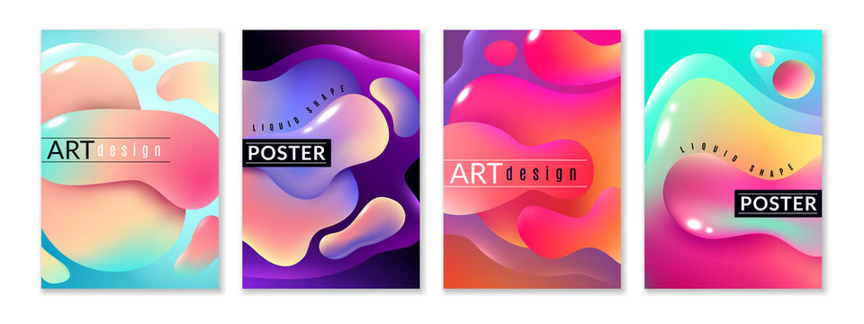 Liquid shape poster. Abstract fluid free shapes color flux minimal paint spots dynamic forms graphic modern background