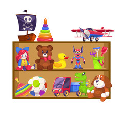 Kids toys shelves. Toy kid shop wood shelf doll bear baby game plane colorful pyramid piano rattle car rabbit duck flat