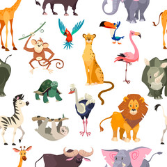 Wild animals seamless pattern. African safari print jungle zoo tropical leaves wallpaper textile cute kid animal flat