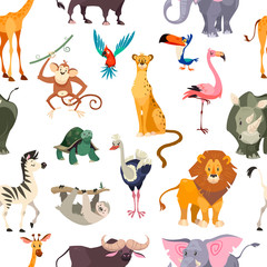 Wild animals seamless pattern. African safari print jungle zoo tropical leaves wallpaper textile cute kid animal flat © YummyBuum
