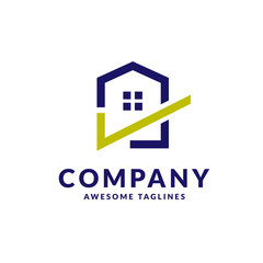 creative simple linear house and check mark logo vector