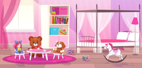 Bed room girl. Child bedroom interior girls apartment toys girly storage decor furniture kid playroom flat cartoon