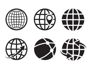 Geo location icons. Pin geography internet global commerce international tourism vector globe symbols