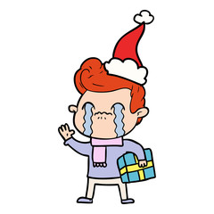 line drawing of a man crying wearing santa hat