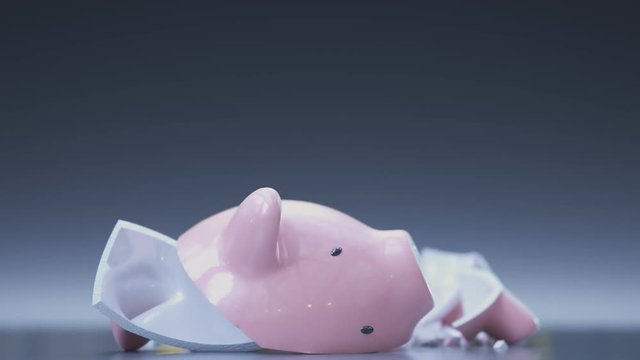 Animation of smashing an empty piggy bank. No savings inside. Destruction. 4KHD