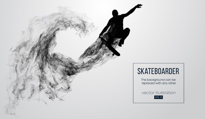 Abstract silhouette of a skateboarder on the white background from particles, dust, smoke, steam. Skateboarder jumps and performs the trick. Background can be changed to any other. Vector illustration © matrosovv