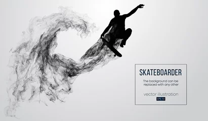 Fotobehang Abstract silhouette of a skateboarder on the white background from particles, dust, smoke, steam. Skateboarder jumps and performs the trick. Background can be changed to any other. Vector illustration © matrosovv