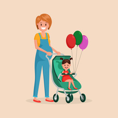 Mother and daughter walking together flat poster