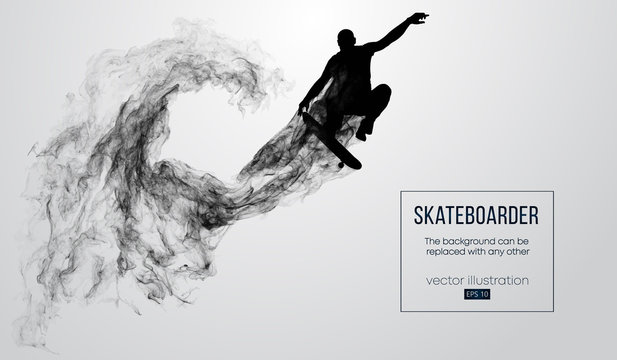 Abstract silhouette of a skateboarder on the white background from particles, dust, smoke, steam. Skateboarder jumps and performs the trick. Background can be changed to any other. Vector illustration