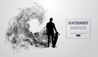 Abstract silhouette of a skateboarder on the white background from particles, dust, smoke, steam. Skateboarder jumps and performs the trick. Background can be changed to any other. Vector illustration