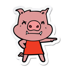 sticker of a angry cartoon pig in dress pointing