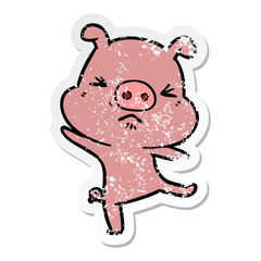 distressed sticker of a cartoon furious pig