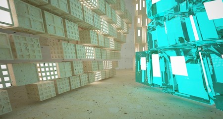 Abstract  concrete and coquina parametric interior  with neon lighting. 3D illustration and rendering.