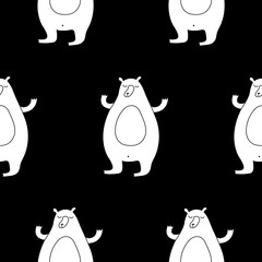 Cute cartoon animal pattern with hand drawn bears. Sweet vector black and white animal pattern. Seamless monochrome doodle animal pattern for textile, wallpapers, wrapping paper, cards and web.