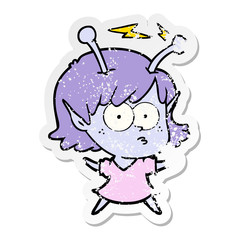 distressed sticker of a cartoon alien girl