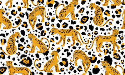 Leopard seamless pattern. Composition with snarling leopards and leopard dots isolated on white background. Vector illustration for textile, postcard, fabric; wrapping paper, background, packaging.