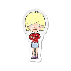 retro distressed sticker of a cartoon happy woman
