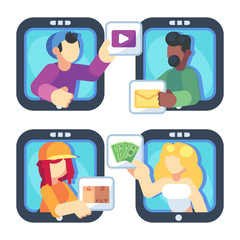 People chatting online together flat poster. Men and women changing messages video data and trading online shop internet apps vector flat illustration. Social media concept