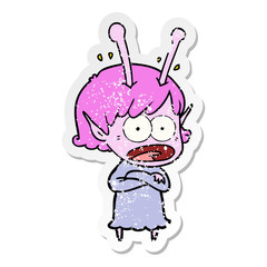 distressed sticker of a cartoon shocked alien girl