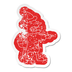 cartoon distressed sticker of a goblin with knife wearing santa hat