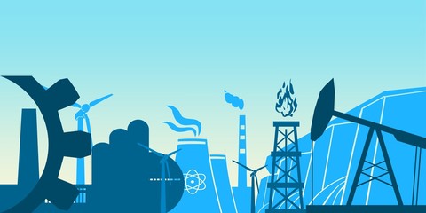 Concept of industrial plant and manufacture building. Energy and Power icons set. Energy generation and heavy industry. Modern brochure, report or cover design template.