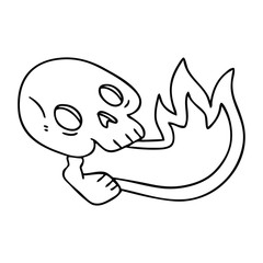 fire breathing quirky line drawing cartoon skull