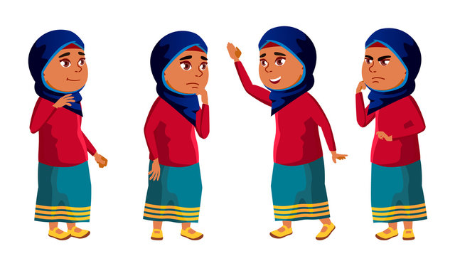 Arab, Muslim Girl Kid Poses Set Vector. High School Child. Education. Young, Cute, Comic. For Card, Advertisement, Greeting Design. Isolated Cartoon Illustration