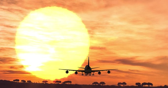 Sagoma di aereo di linea in atterraggio all'aeroporto di fronte al sole al tramonto. Concetto di vacanza estiva e trasporti di affari.