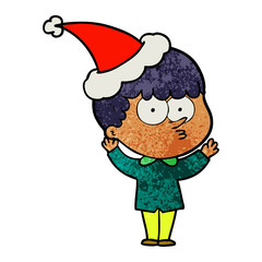 textured cartoon of a curious boy wearing santa hat
