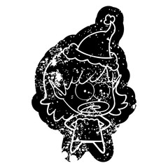 cartoon distressed icon of a shocked elf girl wearing santa hat