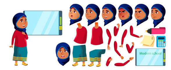 Arab, Muslim Girl Kid Vector. High School Child. Animation Creation Set. Face Emotions, Gestures. Schoolchild. September, Schoolchildren, Teen. Web, Brochure, Poster Design. Animated. Illustration