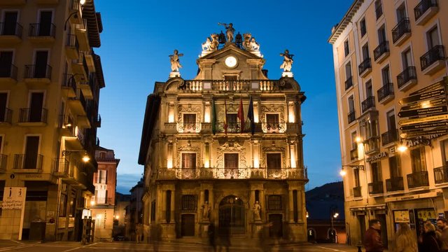 City Hall in the historical center of Pamplona, Spain. Day to night Time Lapse
