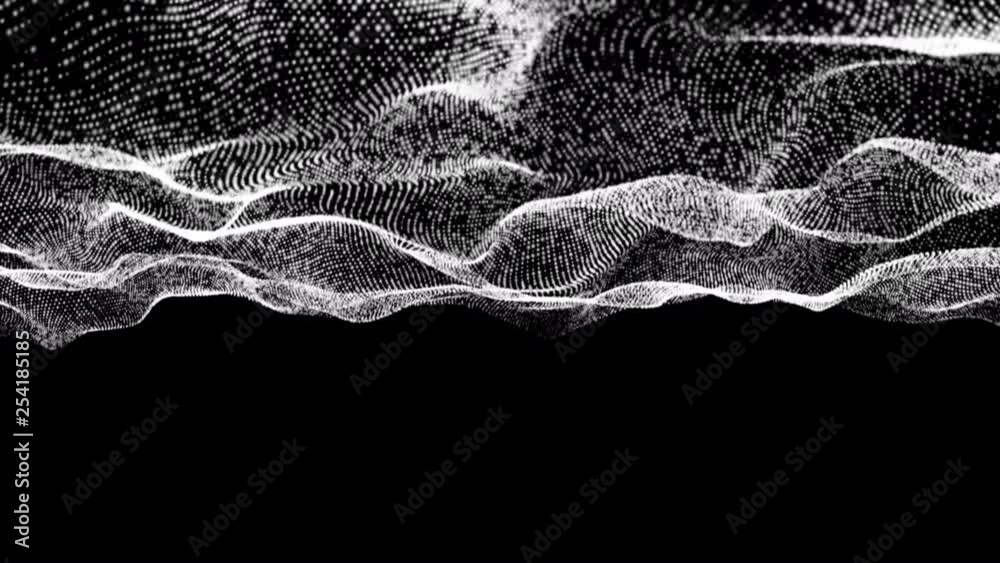 Poster 4k abstract wave white dots on top black background. landscape background motion background for cybe
