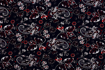 Dark paisley pattern, ethnic vintage ornament. Abstract indian batik background