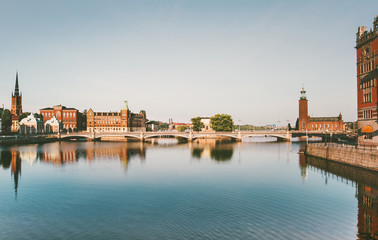 Fototapeta na wymiar Stockholm city view water reflection touristic central popular landmarks in Sweden Europe travel