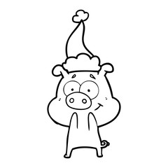 happy line drawing of a pig wearing santa hat