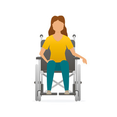 Disabled woman sitting in wheelchair. Unable character. Vector
