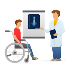 Disabled man sitting in wheelchair near the doctor with x-ray. Unable character. Vector