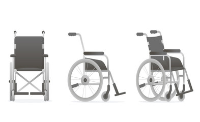 Fototapeta na wymiar Set of realistic wheelchair. Front, side view. Medical element for disabled people. Vector
