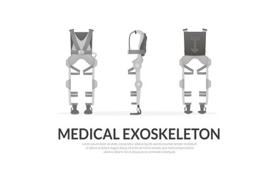 Banner template. Realistic medical exoskeleton. Exosuit. Front, back, side view. Vector